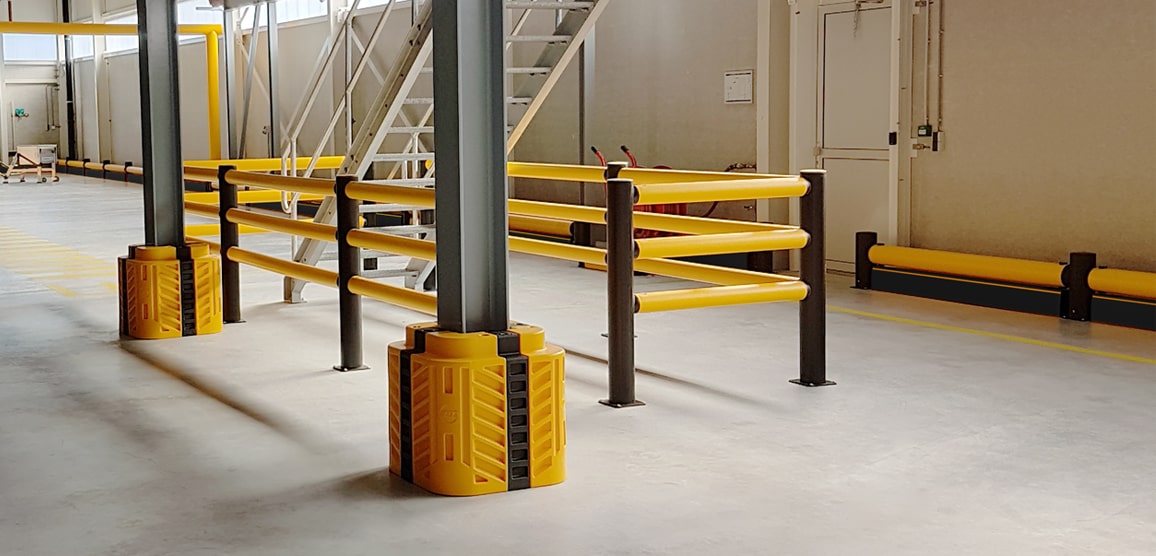 Polymer Safety Barriers and Column Guards Protecting Building, Staircase and Mezzanine